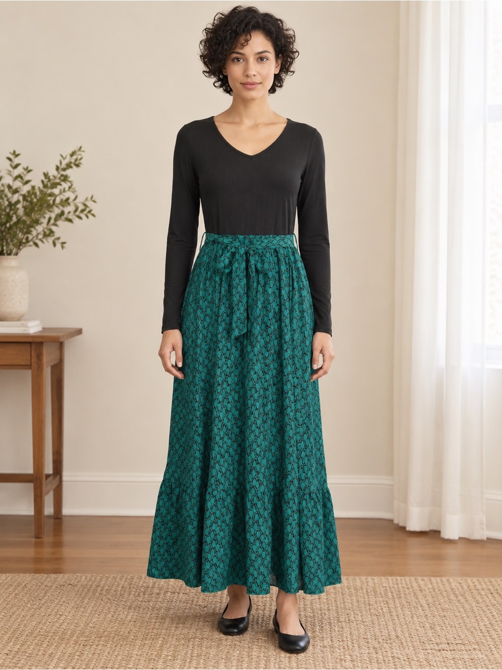 Women's Emerald Green Patterned Tie-Waist Maxi Skirt